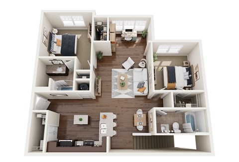 A top-down view of a small apartment layout with a kitchen, living room, and bedrooms.